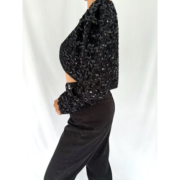 80s vintage black sequin lace embellished glam party cropped bolero jacket shrug - Picture 3 of 8